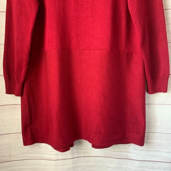 Pointelle Long Red Cardigan Sweater Open Front Folded Neckline Size Small - Picture 7 of 16